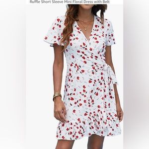 Ruffle Short Sleeve Mini Floral Dress with Belt